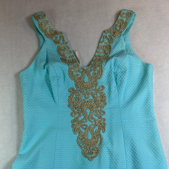 Aqua Sleeveless Dress with Gold Embroidered V-Neck - Picture 6 of 8